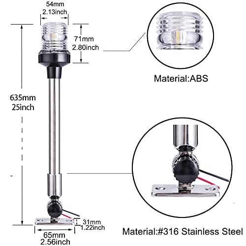 25 Inch All Round 360° White LED Navigation Anchor Light - Stainless Steel, 3-NM, 12-24V - Variation of THIS listing