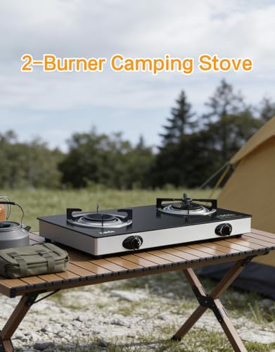 Xunda 2 Burner Portable Propane Gas Stove 28,000 BTU Camping Cooktop with Tempered Glass