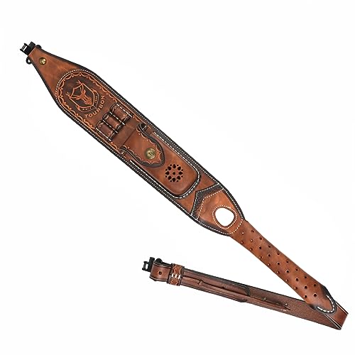 TOURBON Leather Rifle Sling with Pouch & Black Swivels - Ammo Holder & Hunting Accessory
