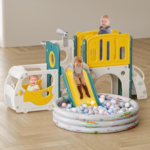 MOCUTEEN Classic Bus Toddler Slide Playset with Climber & Basketball Hoop - Indoor & Outdoor Kids Playground