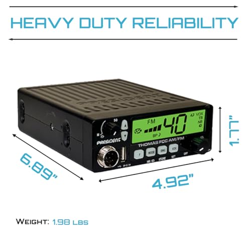 President FCC AM/FM CB Radio — 40 Channels, VOX Hands-Free, USB, Multi-Color LCD, 12/24V — Compact Mobile Transceiver for Truckers & Off-Road
