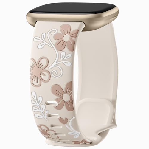 GEAK Floral Design Watch Band for Fitbit Sense/Sense 2/Versa 3/4 - Starlight Nude Flower, Silicone Replacement Wristband for Women & Men
