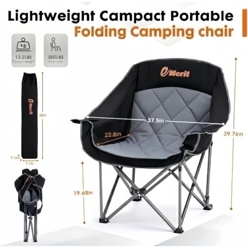 Black 2 Pack Heavy Duty Folding Camping Chairs - Padded & Wide Seat, Supports 500lbs