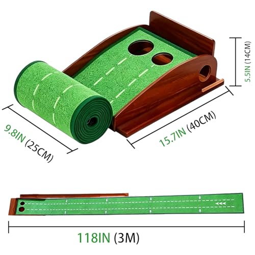 Indoor Golf Putting Mat with Auto Ball Return & Wood Base - Practice Aid