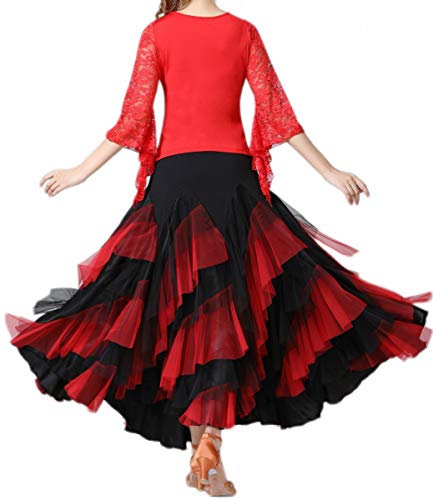 Women’s Ballroom Latin Dance Skirt - Long Tiered Swing Skirt with Elastic Waist, One Size - Black & Red