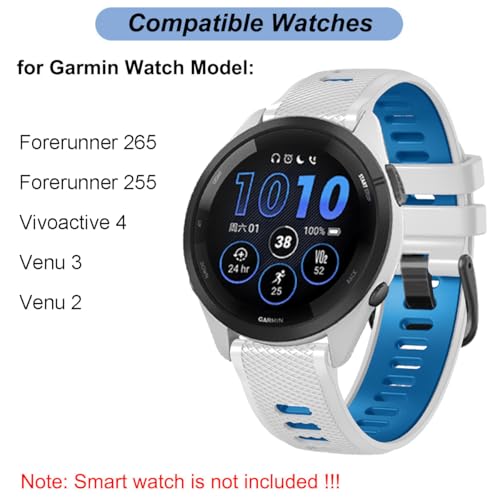 22mm Silicone Watch Band for Garmin Forerunner 265/255, Venu 2/3, Vivoactive 4 - White/Blue