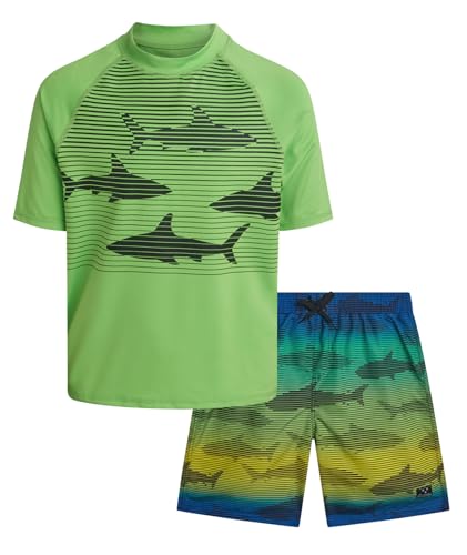 Bright Green Gradient Shark Boys Rash Guard & Swim Trunks Set - UPF 50+ Sun Protection