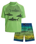 Bright Green Gradient Shark Boys Rash Guard & Swim Trunks Set - UPF 50+ Sun Protection