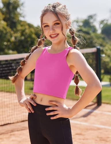Girls Tank Tops Double Lined Racerback Crop Athletic Shirt - Hot Pink 5-6 Years