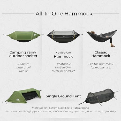 Rivenlo Green Camping Hammock Tent with Mosquito Net & Rainfly – 3-in-1 Lightweight Waterproof Outdoor Gear