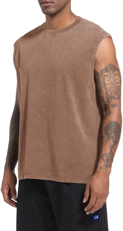 Wrenpies Men's Cotton Workout Tank Top - Sleeveless Acid Wash Muscle Shirt | Loose Fit Gym Tee