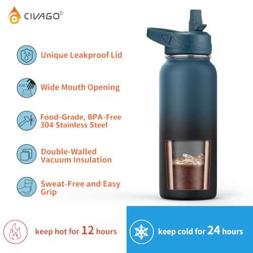 Insulated Stainless Steel Water Bottle with Straw & 3 Lids - Indigo Black 32oz
