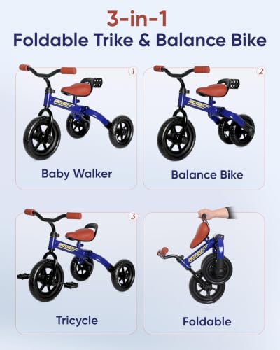 Foldable 3-in-1 Toddler Tricycle & Balance Bike - Blue, Adjustable & Portable