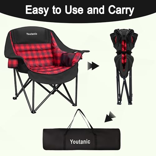 Youtanic Oversized Foldable Camping Chair 400lbs with Padded Seat & Side Pockets, Red-Black, 40.5"L x 28"W