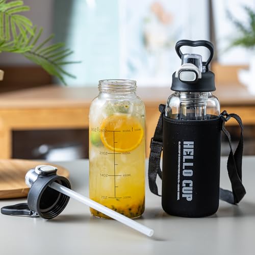 35oz Glass Water Bottle with Time Marker, Straw & Tea Infuser - BPA-Free & Leakproof, Includes Protective Sleeve - 1PCS