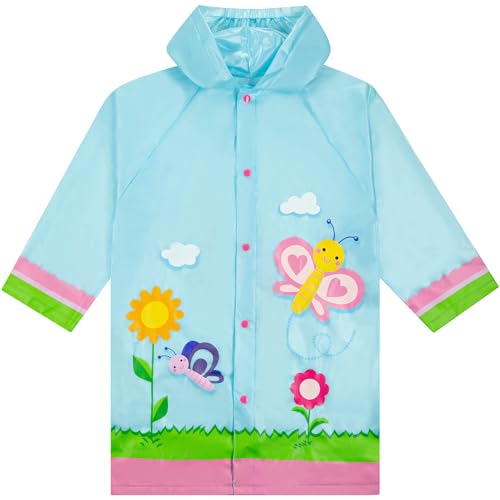 Kids Waterproof Hooded Rain Slicker - Lightweight Outwear Jacket for 8-9 Years Light Blue Butterfly