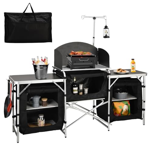 Camping Kitchen Table with Storage & Windshield - Black, Foldable Aluminum