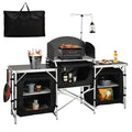 Camping Kitchen Table with Storage & Windshield - Black, Foldable Aluminum