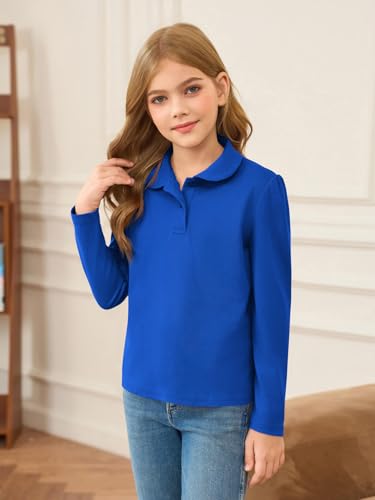 Girls Long Sleeve Polo Shirt with Peter Pan Collar - School Uniform Top, 9-10 Years Royal Blue