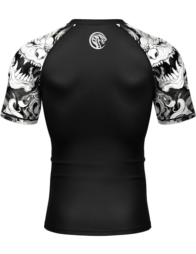 Roadbox Men's BJJ Rash Guard Short Sleeve - XX-Large Black with White Dragon, UPF 50+ MMA Swim Shirt for Surfing