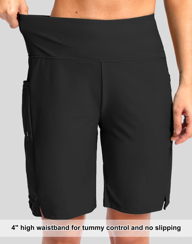 Women's 9-Inch Long Swim Board Shorts with Pockets - X-Large Black