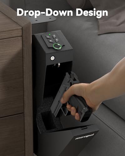 Biometric Drop-Down Bedside Gun Safe - 3 Access Methods, Mountable Pistol Safe for Nightstand, Desk, Car - No LCD