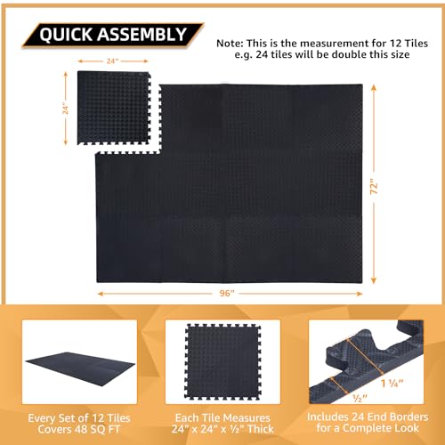 Black 24 Pack Extra Thick Interlocking Foam Floor Tiles for Gym & Play Area