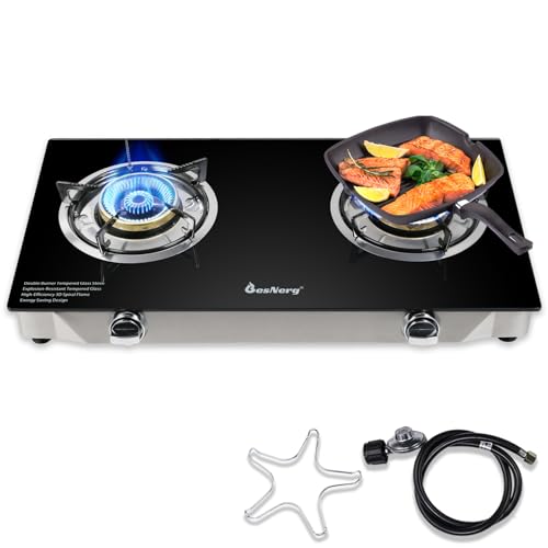 2 Burner Propane Gas Stove with Auto Ignition, 29000 BTU Outdoor Camping Cooktop - Heavy-Duty Tempered Glass, CSA Regulator & Hose Included