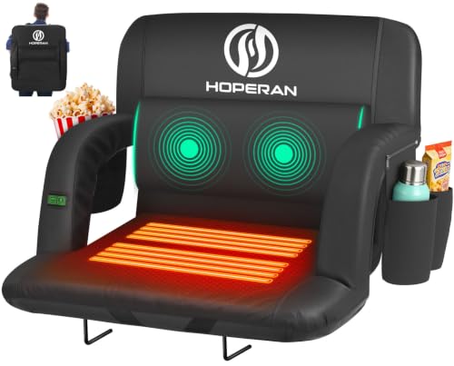 25 Inch Black Heated Stadium Seat with Back Massage & Adjustable Recline - Portable Bleacher Chair