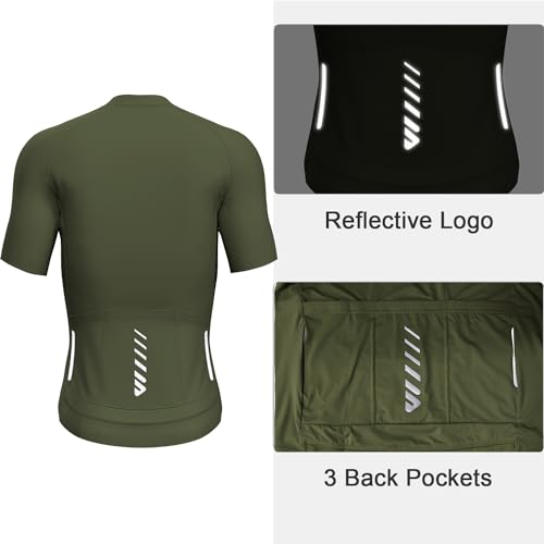 Men's Short Sleeve Cycling Jersey - Large Olive Green, Full Zipper, Breathable Quick Dry Bike Shirt with Pockets