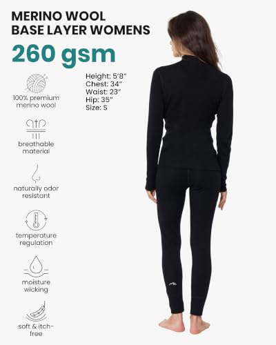 Merino Wool Base Layer Women Set - Medium / 260 Black Thermal Underwear & Socks
