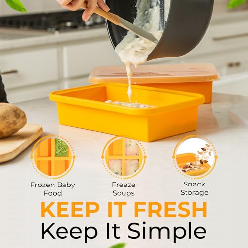 (2 Pack) Large Silicone Freezer Food Containers - 6 Cup Yellow, Reusable BPA-Free Ice Trays with Lids & Measurement Lines