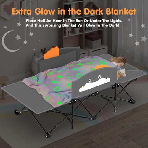 Kids Camping Cot with Pink Blanket & Guardrail - Foldable Portable Bed, 25 Inch Gray
