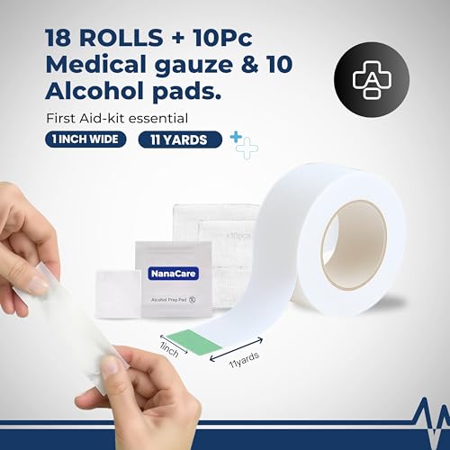 Medical Paper Tape 18 Rolls 1 Inch + 10 Gauze Pads First Aid Wound Dressing