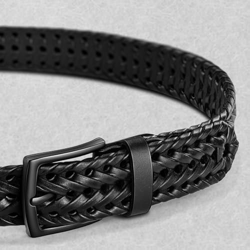 Black Braided Leather Belt for Men 1 3/8 Inch Holeless Golf Belt - Adjustable Waist 32-36 in Gift Boxed