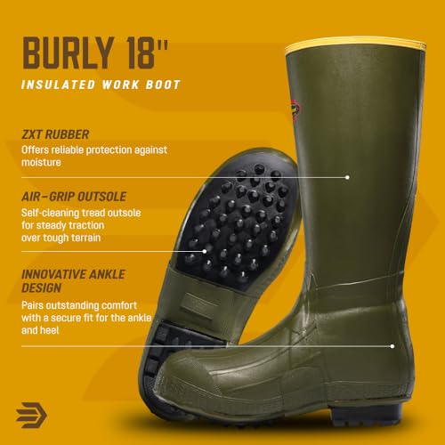 Men's Waterproof Rubber Rain Boots - 18 Inch, Olive Drab Green - LaCrosse Burly Air Grip