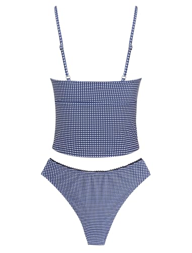 Women Tankini Swimsuit Tummy Control 2-Piece Bathing Suit Small Navy Plaid