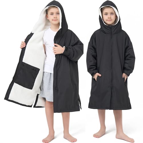 Kids Windproof Sherpa-Lined Swim Parka - Unisex Waterproof Coat, Size S - Black