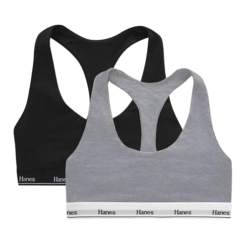 Hanes Women's Originals Racerback Bralette Pack - Large Black & Concrete Heather, Breathable Cotton, 2-Pack