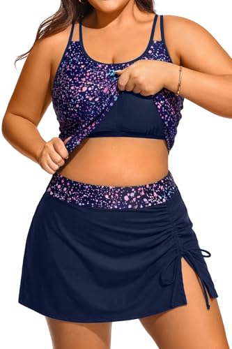Women Plus Size Tankini with Swim Skirt Tummy Control - 16 Plus Starry Sky