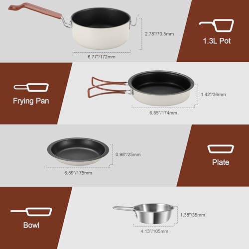 Odoland 10-Piece Camping Cookware Set Cream White Non-Stick Pots & Pans