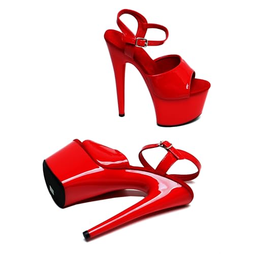 Red Women's 7-Inch Platform Heel Sandals with Ankle Strap - Sexy Pole Dance Shoes