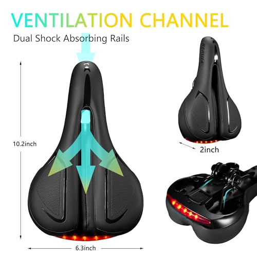 Touring Bike Seat with LED Tail Light - Wide Shock Absorbing Memory Foam Cushion