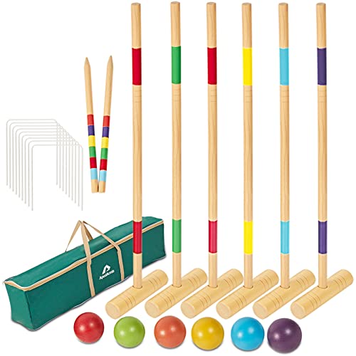 Deluxe 35-Inch Wooden Croquet Set with Mallets and Carry Bag - 6 Player