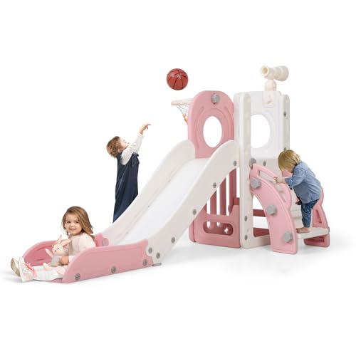 Indoor Toddler Slide 6-in-1 Playset with Basketball Hoop & Storage - Pink-New