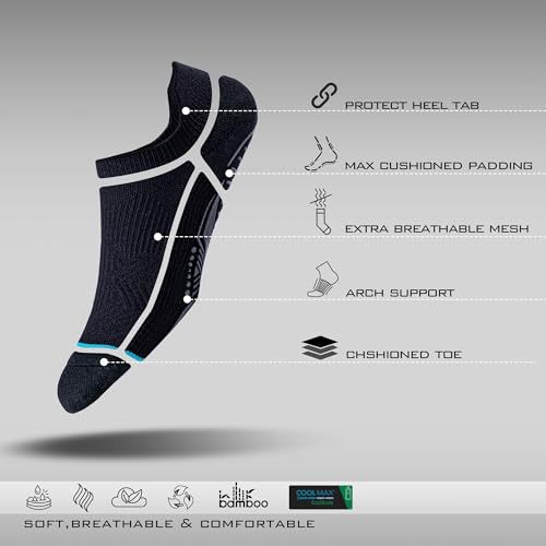 BRISIRA Bamboo Viscose Non Slip Pilates Socks Men Women No Show Grip Compression Thick Cushion - 3 Pairs, Black, Large