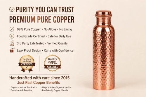 Hammer Copper Water Bottle 34 oz - Handmade Pure Copper Leak-Proof Drinking Vessel