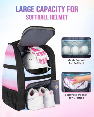 Pink Softball Bag with Shoe Compartment - Lightweight Baseball Backpack for Girls