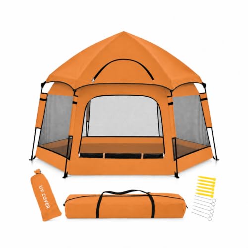 GEIYATOI Orange Baby Pop Up Playpen with UV Canopy & Safety Lock, Portable Indoor & Outdoor Toddler Play Yard