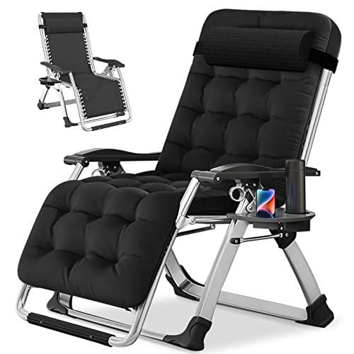 Black Zero Gravity Lounge Chair - Adjustable Folding Outdoor Recliner with Cup Holder